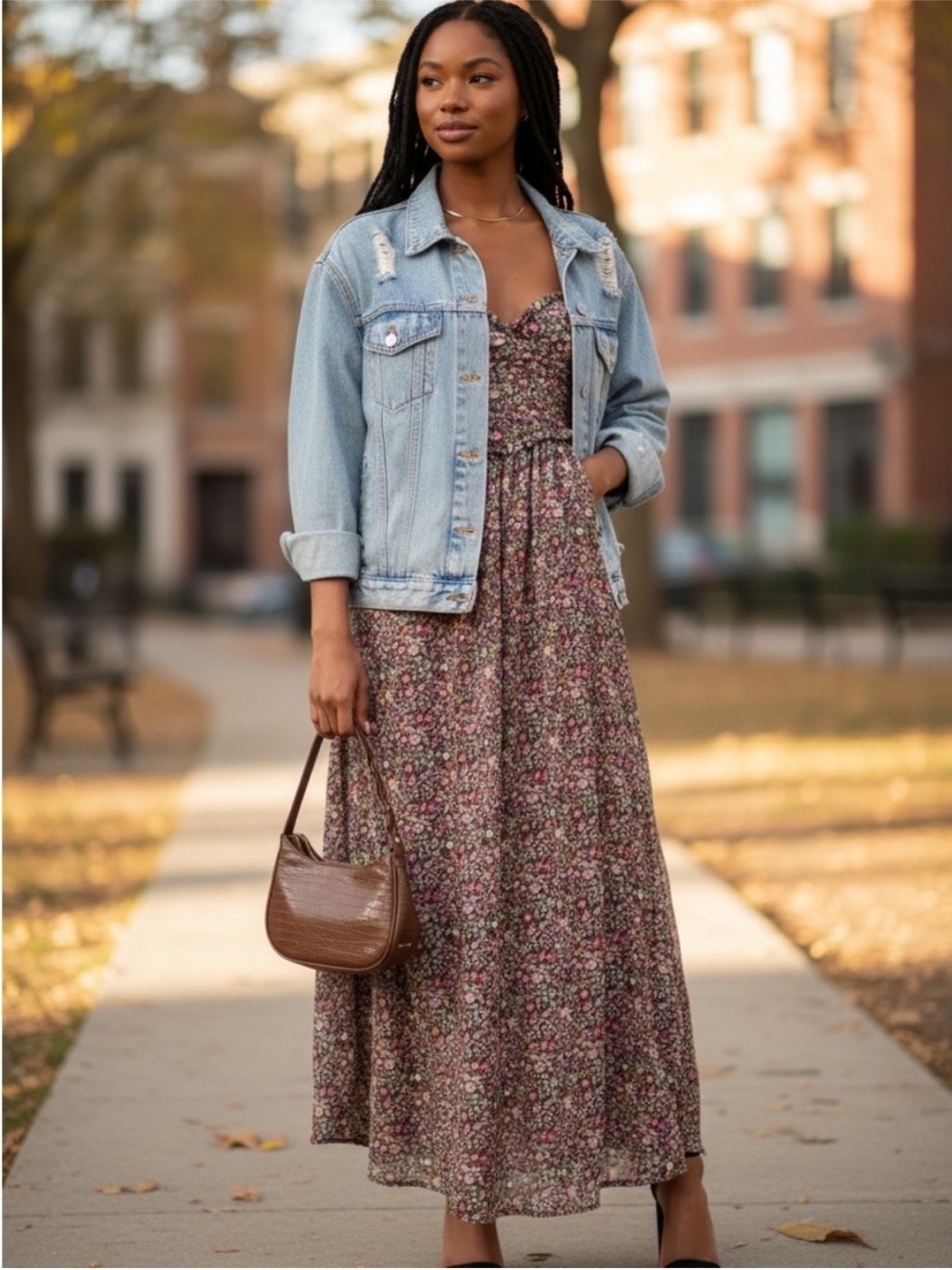 For Love & Lemons Mauve Floral Maxi Dress with Smocked Bodice